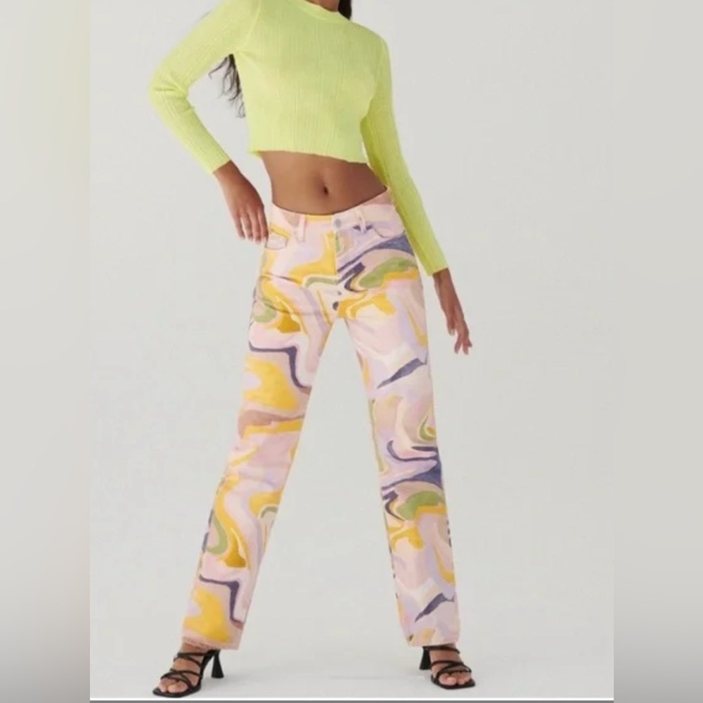 Zara Pastel Marble Waistband pants in Yellow & Pink Swirl colorful straight leg